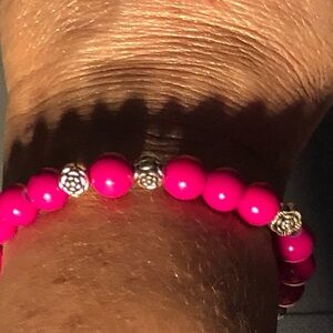 Fuchsia Beaded Bracelet with Silver Accents